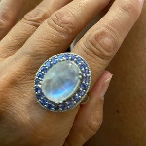 Rainbow moon stone Tanzanite platinum over sterling silver pendant and ring set